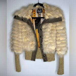 D&G Cream and Brown Bomber Jacket with Luxurious Fur Texture. Size Small 24/38